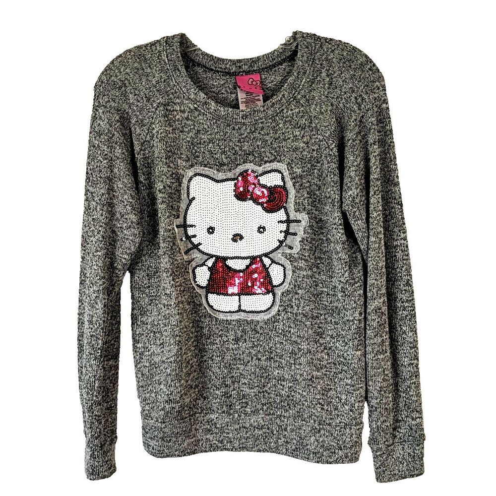 Hello Kitty Gray Sweater Pink White Sequin Women Size Large Shimmer Sparkle
